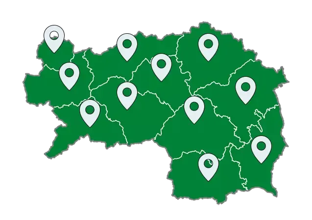 Einsatzgebiet Steiermark – Karte der Bezirke mit unseren Standorten